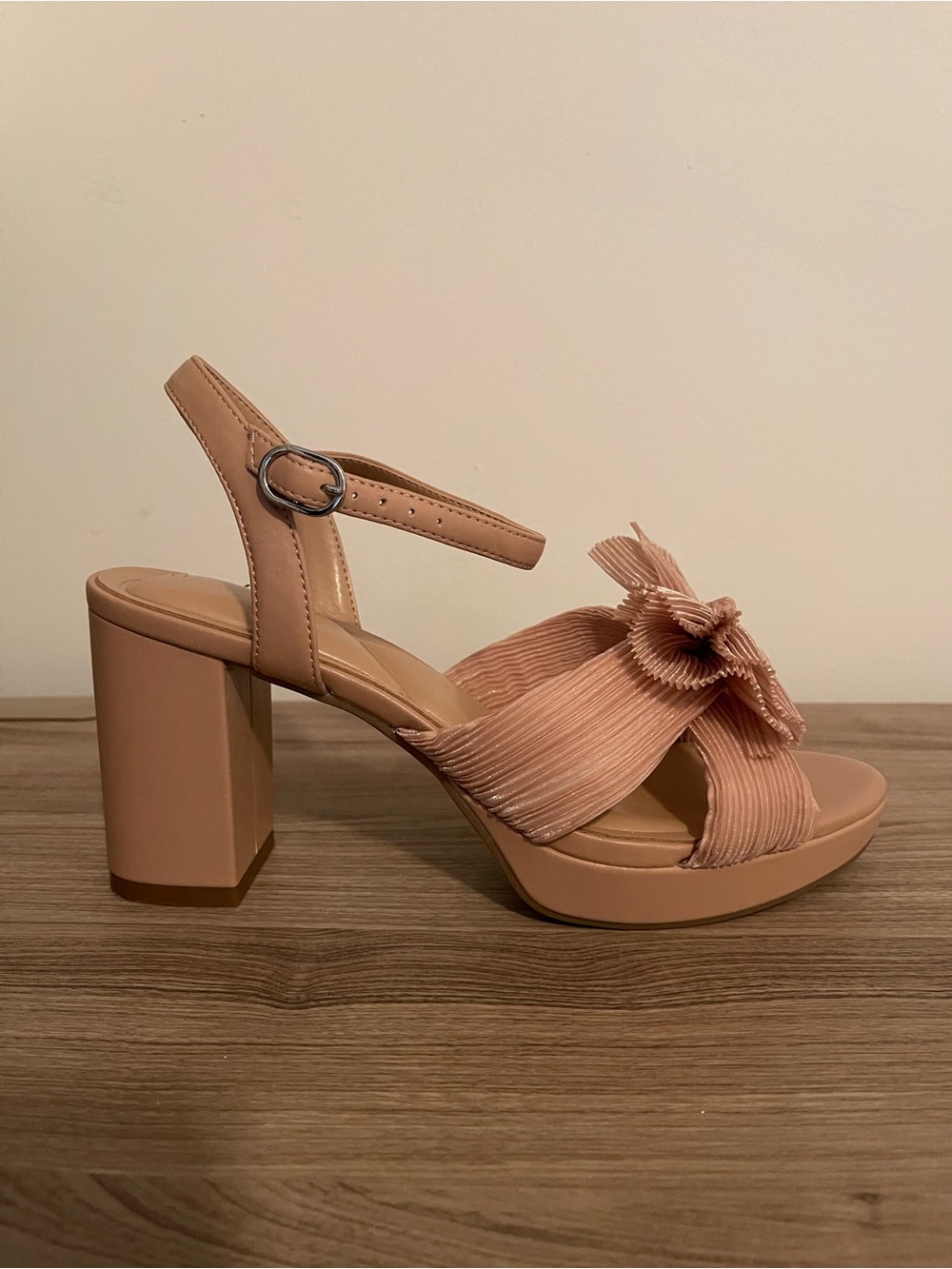 Blush Block Heel Sandal with Pleated Bow